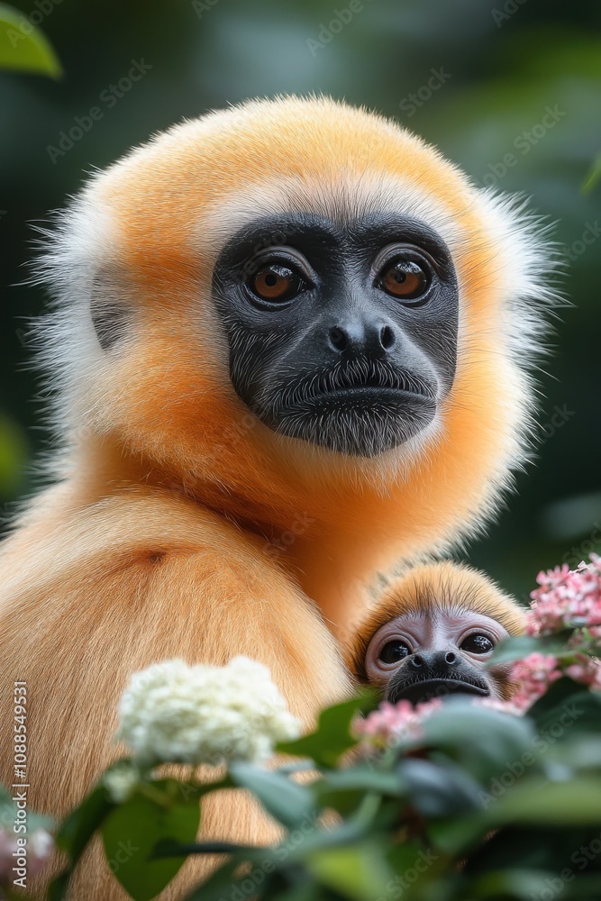 Obraz premium A golden snub-nosed monkey and its baby looking back while nestled among greenery and delicate blossoms
