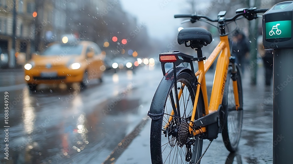 Bicycle Rider Navigating Rain Drenched City Street in Blurred Motion Cyclist commuting through urban environment during rainstorm with blurred background of traffic buildings and wet pavement Bicycle Rider Navigating Rain Drenched City Street in Blurred Motion Cyclist commuting through urban environment during rainstorm with blurred background of traffic buildings and wet pavement