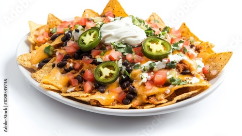 A platter of loaded nachos with tortilla chips, melted cheese, black beans