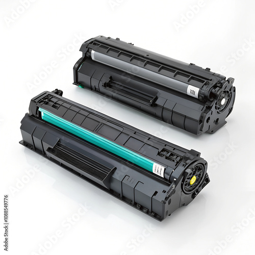 Two laser printer toner cartridges isolated on white background