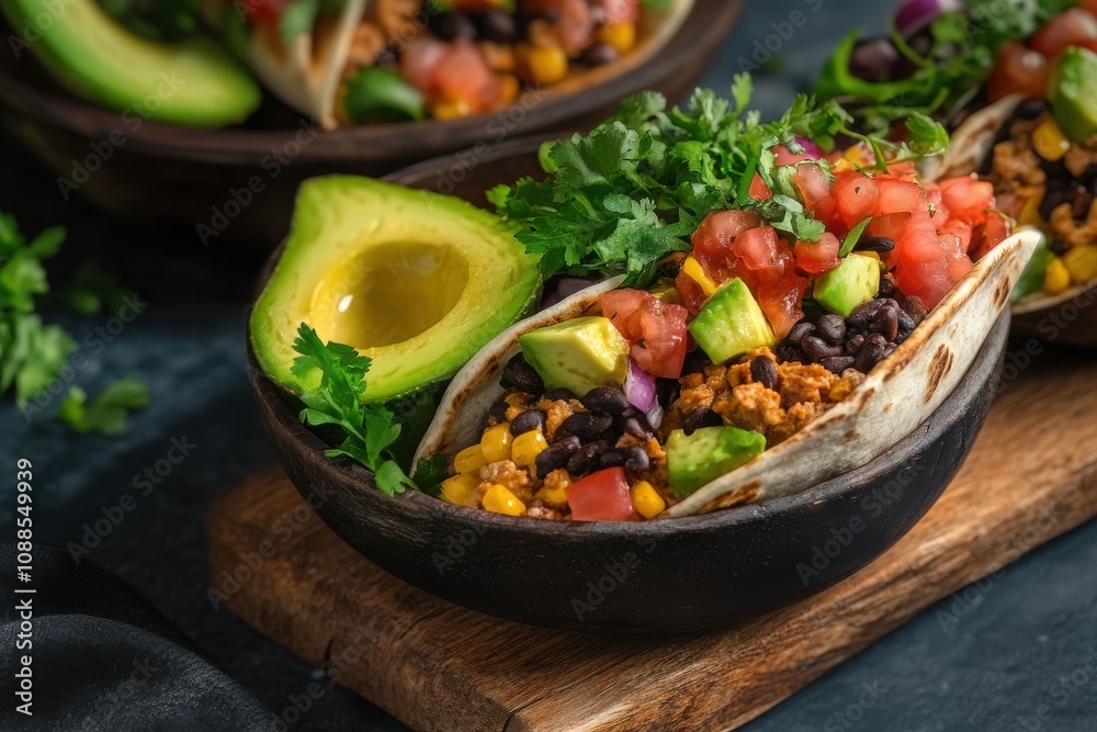 Delicious vegetarian tacos with black beans, corn, and fresh toppings in a rustic bowl. Delicious vegetarian tacos with black beans, corn, and fresh toppings in a rustic bowl.