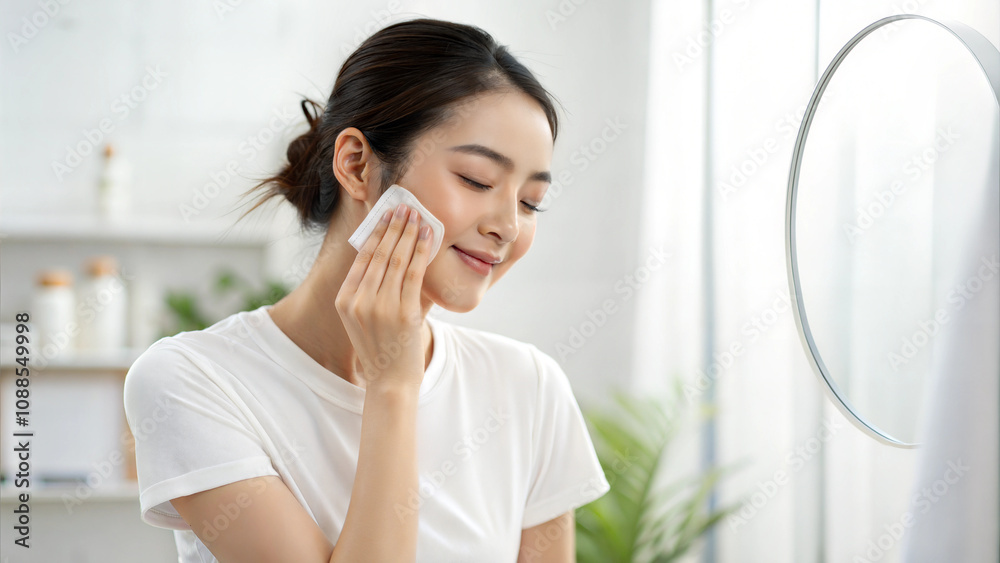 Woman cleansing face with cotton pad in a bright bathroom Woman cleansing face with cotton pad in a bright bathroom
