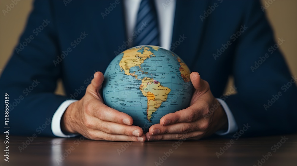Businessman in Suit Emphasizing Critical Economic Points with World Globe Held in Hands Representing Global Perspective and Economic Insights for Economists Businessman in Suit Emphasizing Critical Economic Points with World Globe Held in Hands Representing Global Perspective and Economic Insights for Economists