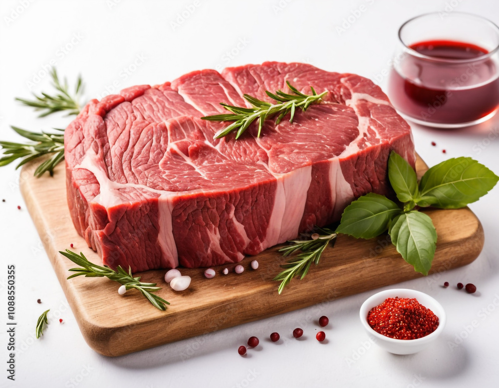 Fototapeta premium Fresh Raw Beef Meat Steak Slice on White Background for Culinary Use. 