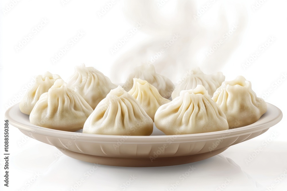 Steaming plate of dumplings, showcasing a delicate and inviting appearance, perfect for sharing.