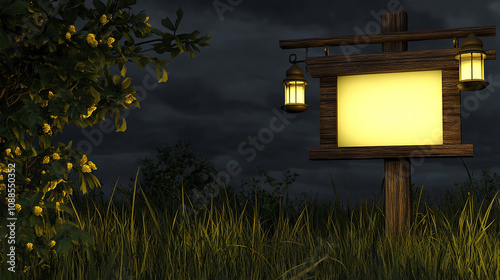 A wooden sign with two lanterns hangs in a field with tall grass under a stormy sky. photo