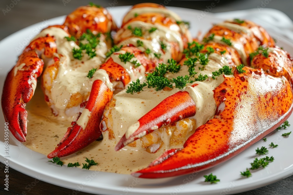 Deliciously presented lobster tails topped with creamy sauce and garnished with fresh parsley. Deliciously presented lobster tails topped with creamy sauce and garnished with fresh parsley.