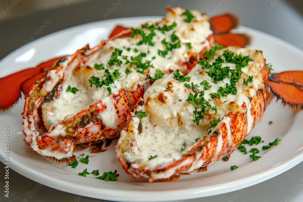 A delectable plate of baked lobster tails topped with creamy sauce and fresh herbs. A delectable plate of baked lobster tails topped with creamy sauce and fresh herbs.