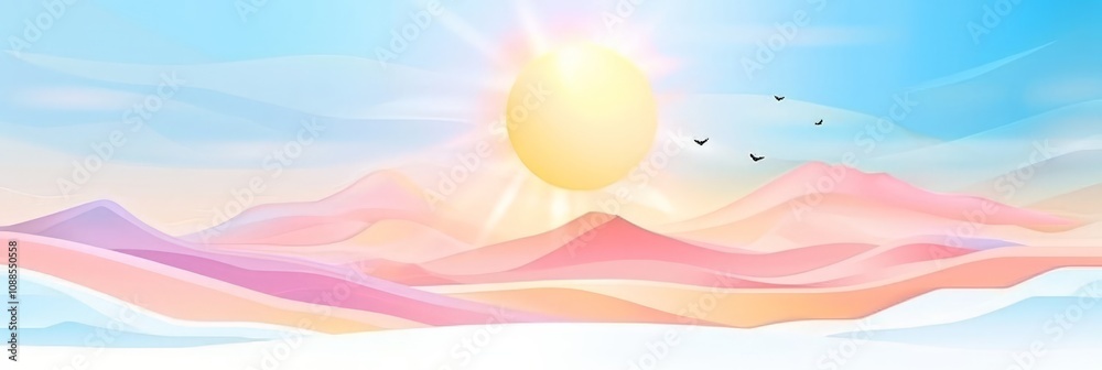 Bright sun rising over pastel-colored, abstract hills with birds in flight.