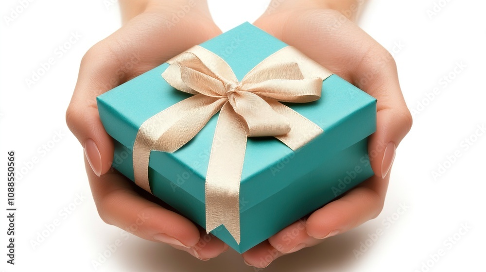 Hands holding small gift box isolated on a white background, top view. Hands holding small gift box isolated on a white background, top view.