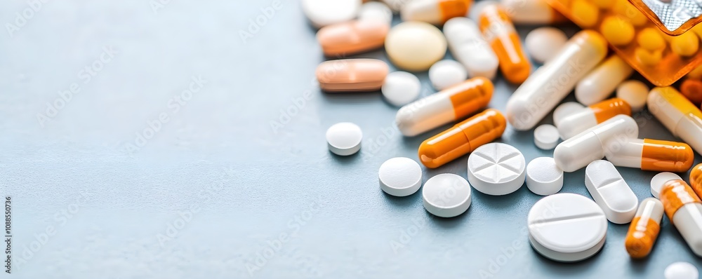 Macro Shot of Diverse Pharmaceutical Pills and Capsules Displayed on a Soft Blue Background, Featuring Various Sizes, Shapes, and Colors for Health and Wellness Themes Macro Shot of Diverse Pharmaceutical Pills and Capsules Displayed on a Soft Blue Background, Featuring Various Sizes, Shapes, and Colors for Health and Wellness Themes