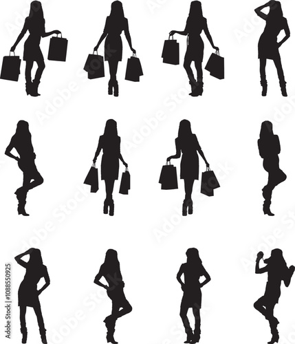 Vector Silhouette Collection: Clean and Bold Designs Young attractive girl in native scandinavian clothes makes shopp