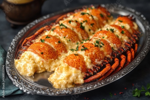 A beautifully plated lobster tail dish with creamy filling, garnished with fresh parsley, perfect for gourmet dining.