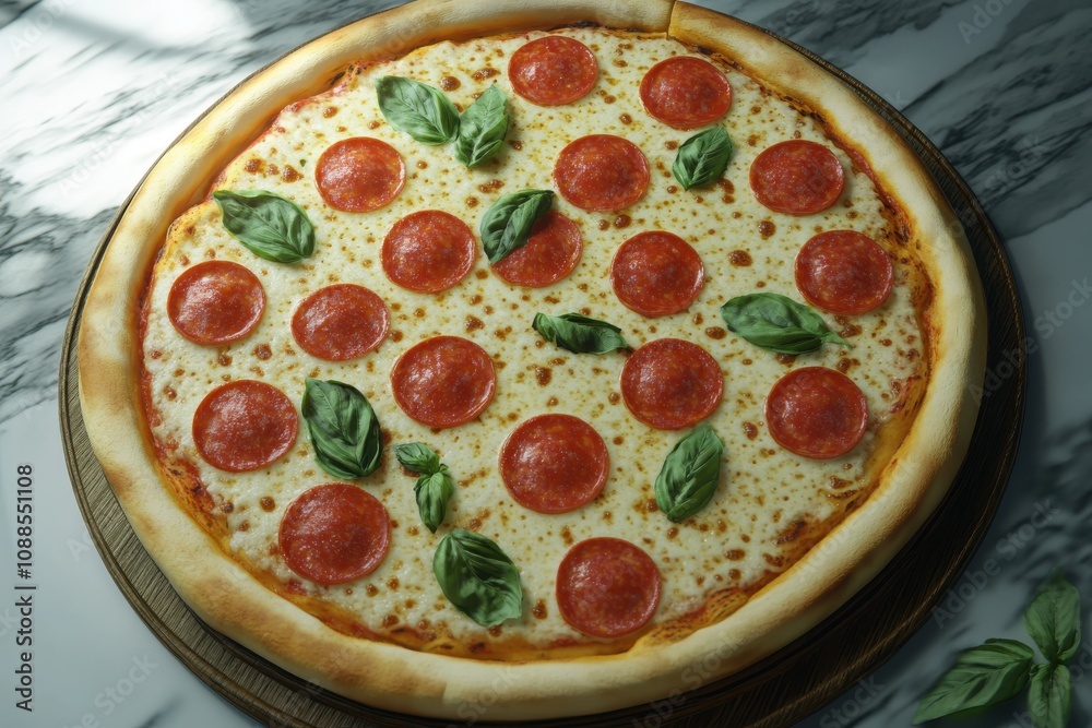Delicious pepperoni pizza topped with fresh basil leaves on a marble surface. Delicious pepperoni pizza topped with fresh basil leaves on a marble surface.