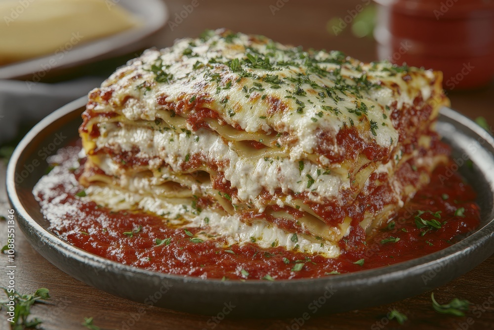 Delicious, cheesy lasagna with layers of sauce, pasta, and herbs, served on a dark plate.