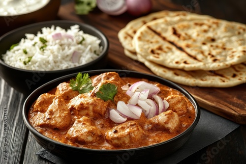 Delicious chicken curry in a rich sauce served with rice and naan, garnished with fresh onions.