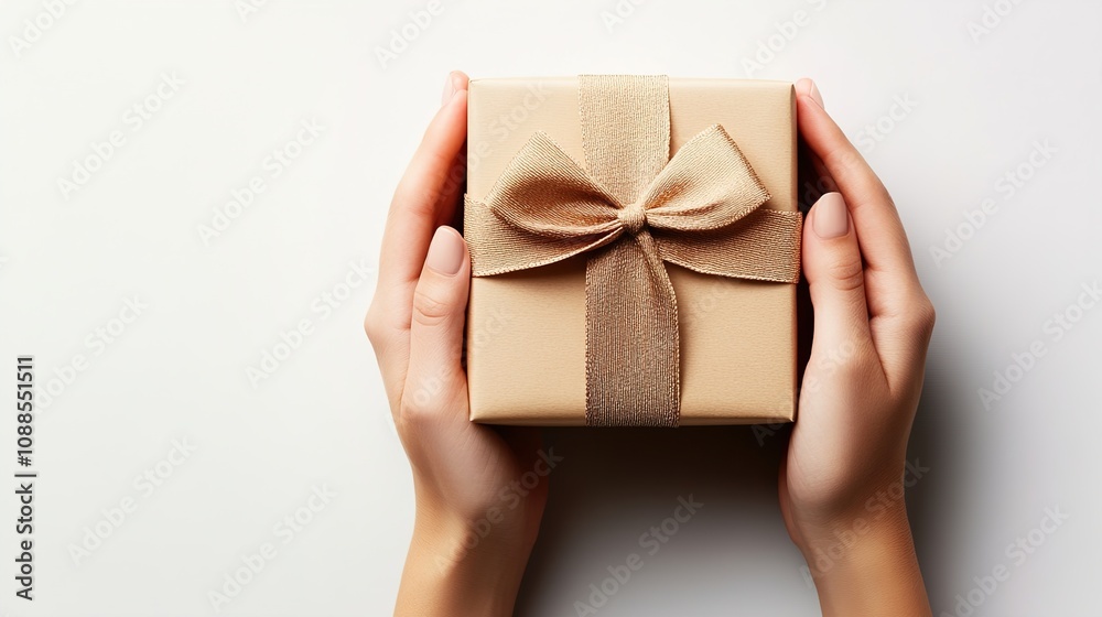 Hands holding small gift box isolated on a white background, top view. Hands holding small gift box isolated on a white background, top view.