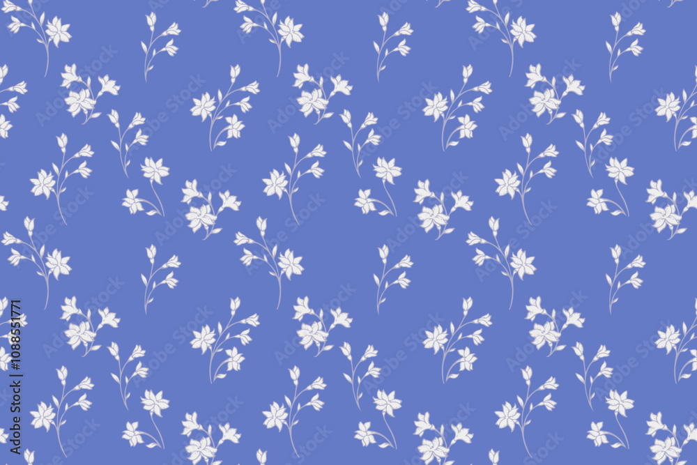Blue minimalist pattern with tiny florals stem. Abstract artistic branches with small flowers seamless print. Vector hand drawing. Simple nature ornament for design, fashion, surface design, fabric Blue minimalist pattern with tiny florals stem. Abstract artistic branches with small flowers seamless print. Vector hand drawing. Simple nature ornament for design, fashion, surface design, fabric