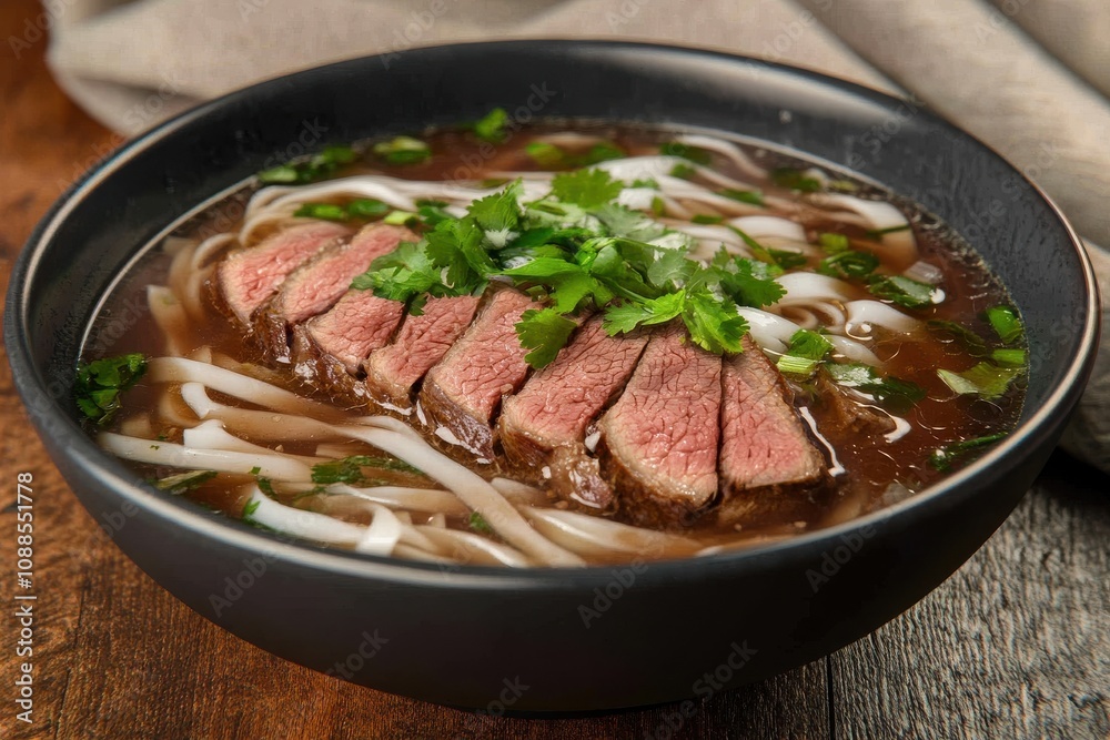 A savory bowl of pho featuring tender slices of beef, fresh herbs, and rice noodles, perfect for a comforting meal. A savory bowl of pho featuring tender slices of beef, fresh herbs, and rice noodles, perfect for a comforting meal.