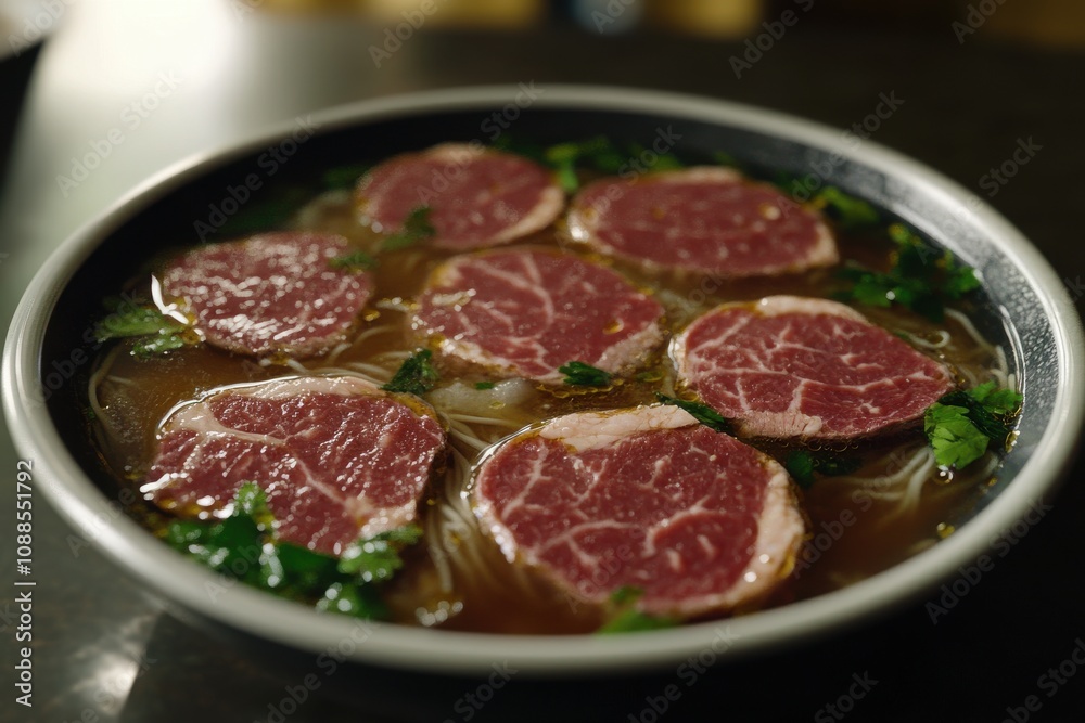 A bowl of steaming beef pho with fresh herbs and tender slices of raw beef, inviting and aromatic. A bowl of steaming beef pho with fresh herbs and tender slices of raw beef, inviting and aromatic.