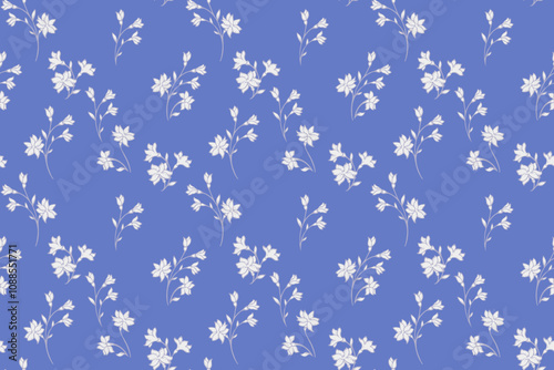 Blue minimalist pattern with tiny florals stem. Abstract artistic branches with small flowers seamless print. Vector hand drawing. Simple nature ornament for design, fashion, surface design, fabric