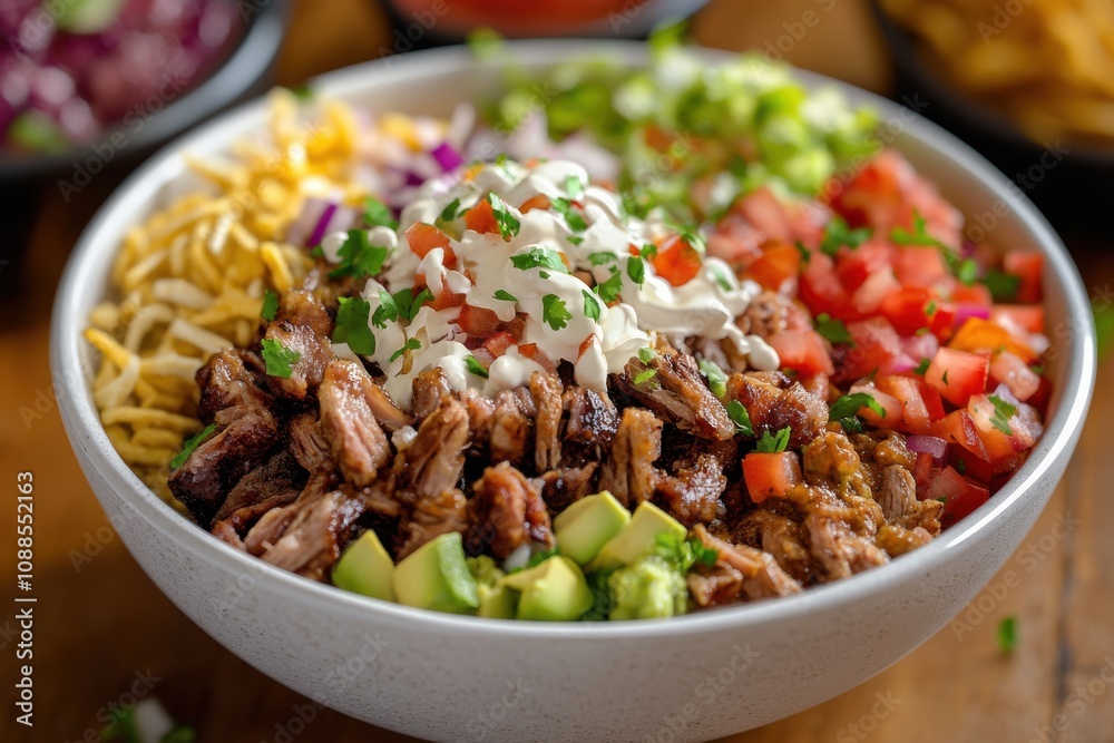 A mouthwatering bowl filled with shredded beef, fresh vegetables, and creamy toppings, perfect for a hearty meal. A mouthwatering bowl filled with shredded beef, fresh vegetables, and creamy toppings, perfect for a hearty meal.