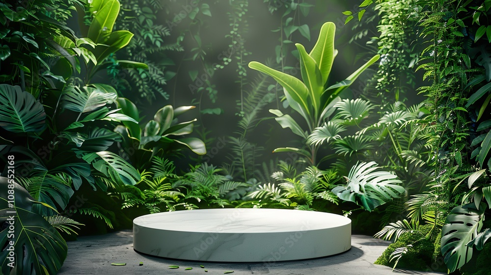 Sleek White Podium Display Stand in Lush Greenery: Perfect for Product Showcases and Nature-Inspired Advertisements Sleek White Podium Display Stand in Lush Greenery: Perfect for Product Showcases and Nature-Inspired Advertisements