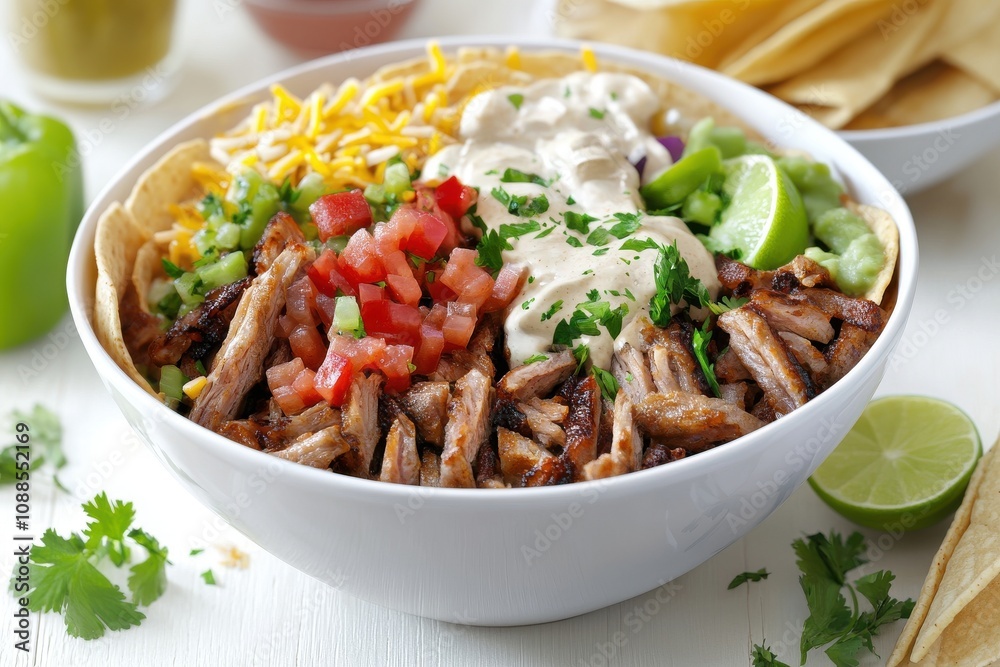 A vibrant chicken taco bowl filled with grilled chicken, fresh salsa, and creamy sauce, garnished with cilantro. A vibrant chicken taco bowl filled with grilled chicken, fresh salsa, and creamy sauce, garnished with cilantro.