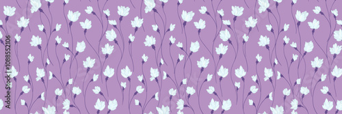 Creative florals stems seamless print on a violet background. Abstract artistic branches with tiny flowers buds intertwined in a pattern. Vector hand drawing. Simple ornament for designs, textiles