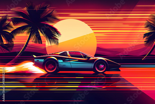 Classic 80s design featuring a sleek sports car speeding into a radiant sunset, with bold, warm colors and geometric patterns evoking a nostalgic summer atmosphere