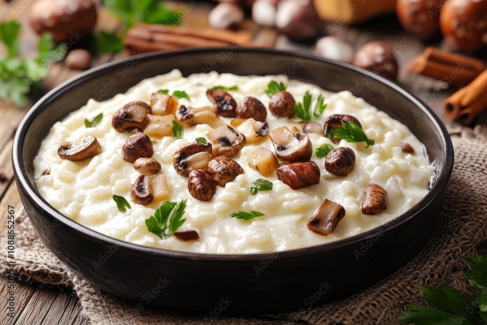 Delicious creamy risotto with assorted mushrooms, garnished with fresh parsley on a rustic wooden table. Delicious creamy risotto with assorted mushrooms, garnished with fresh parsley on a rustic wooden table.