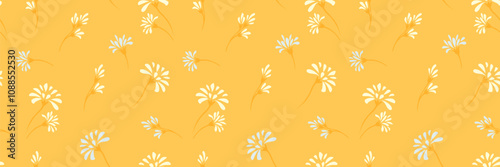 Yellow summer minimalist pattern with abstract unique tiny flowers and small buds. Vector hand drawing. Creative little floral seamless print. Simple ornament for designs, textile, cover, fabric