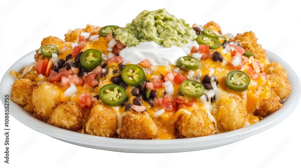 A platter of loaded tater tot nachos topped with melted cheese, jalapenos, black beans A platter of loaded tater tot nachos topped with melted cheese, jalapenos, black beans