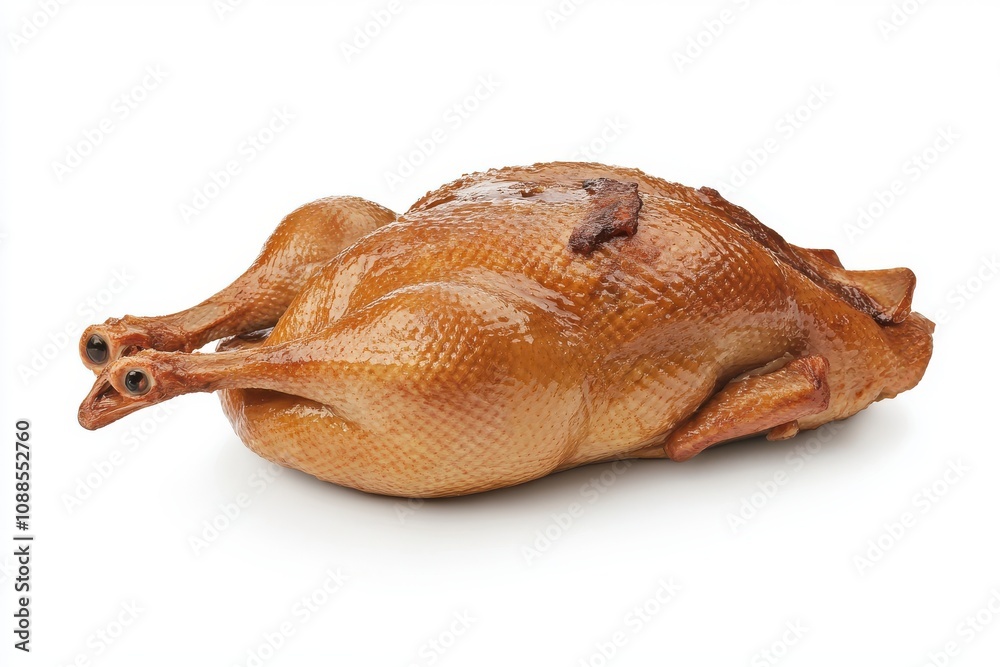Obraz premium A beautifully roasted duck with golden brown skin, showcasing its plump and glossy appearance.