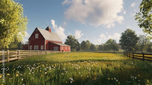 Rustic farmhouse with classic red barn, wide open fields, vintage feel 