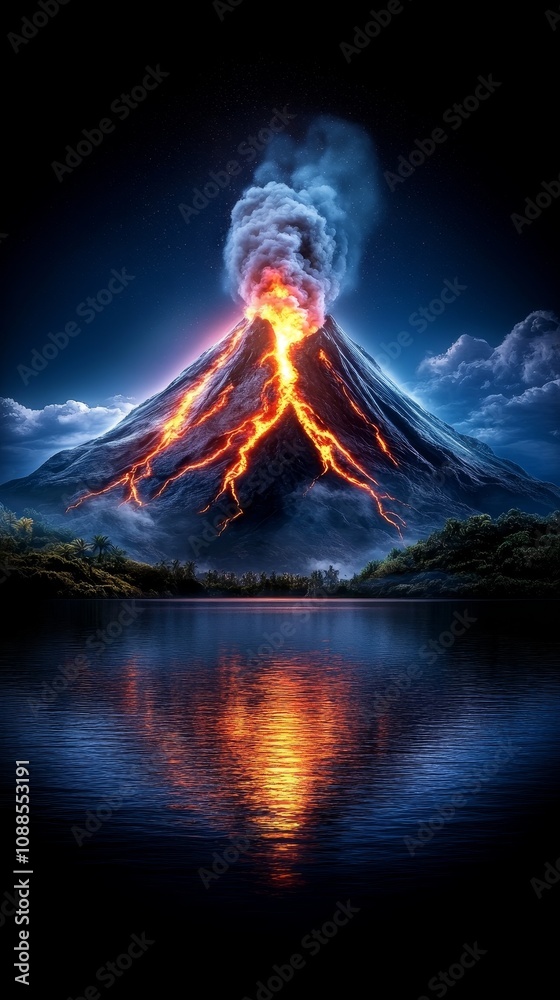 Erupting Volcano at Night Dramatic Island Landscape Erupting Volcano at Night Dramatic Island Landscape