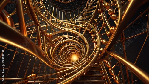 a spiral staircase with golden spirals and a light on the bottom