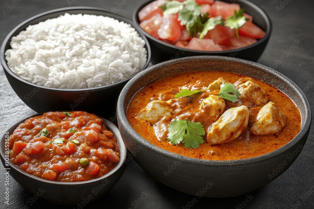 A delicious Indian meal featuring chicken curry, rice, and fresh tomato salad, beautifully presented in black bowls. A delicious Indian meal featuring chicken curry, rice, and fresh tomato salad, beautifully presented in black bowls.