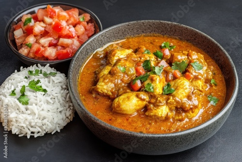 A delicious bowl of chicken curry served with fluffy white rice and fresh tomato salsa, garnished with cilantro.