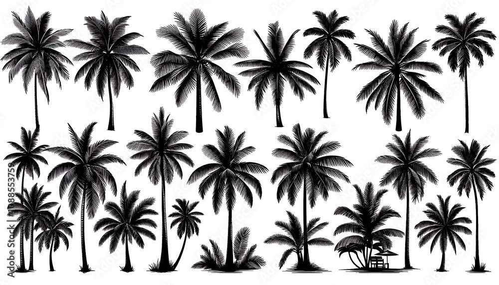Fototapeta premium Silhouette Collection of Various Palm Trees on White Background. generator AI