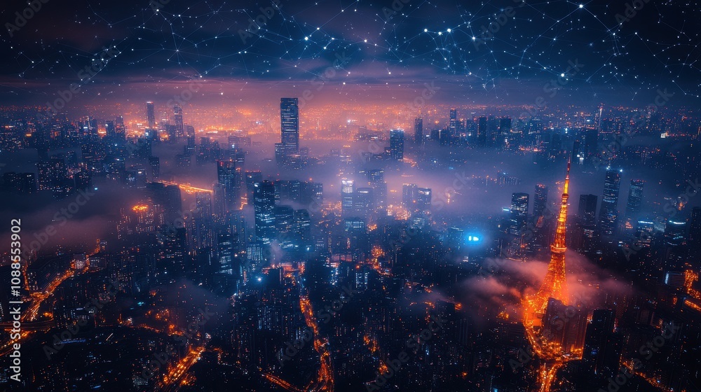 Fototapeta premium High-tech smart city with comprehensive 5G networks and interconnected IoT devices