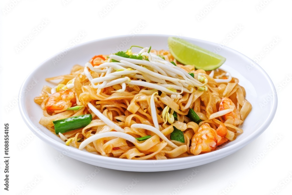 A vibrant plate of shrimp pad thai with lime, fresh bean sprouts, and colorful vegetables. A vibrant plate of shrimp pad thai with lime, fresh bean sprouts, and colorful vegetables.