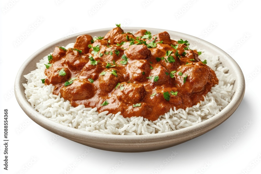 Delicious bowl of tender meat curry served over fluffy white rice, garnished with fresh herbs. Delicious bowl of tender meat curry served over fluffy white rice, garnished with fresh herbs.