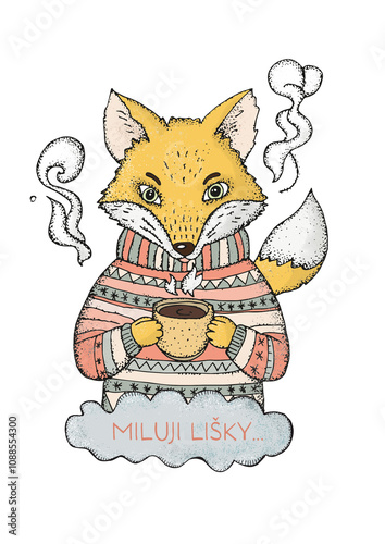 A rusty fox in a striped sweater drinking hot coffee. photo