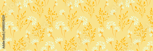 Summer yellow pattern with abstract tiny floral stems and small branches, Vector hand drawing unique flowers. Simple ornament for designs, textile, cover, surface design, fabric, wallpaper