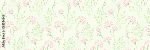 Pastel mint green pattern with abstract tiny floral stems and small branches on light background. Vector hand drawing plain unique flowers. Simple ornament for designs, textile, cover, fabric