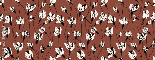 Creative florals stems intertwined in a pattern on a brown background. Abstract branches with tiny flower buds seamless print. Vector hand drawing. Simple ornament for designs, textiles, fabric, cover
