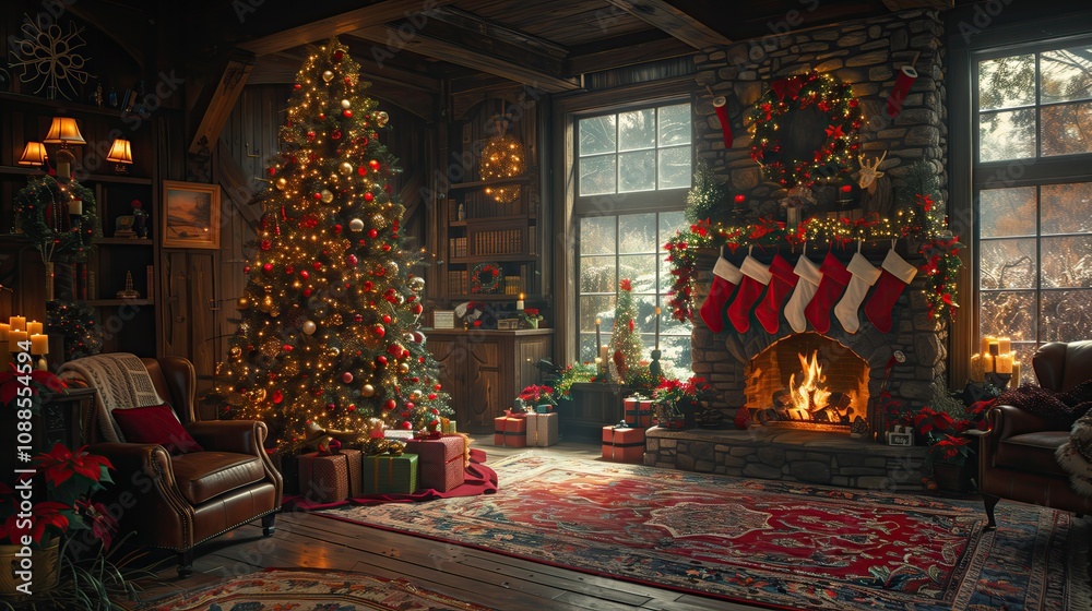 A living room scene at Christmas time. Stockings hang over the fireplace, a tall Christmas tree sparkling with colorful lights, and wrapped presents scattered around. A living room scene at Christmas time. Stockings hang over the fireplace, a tall Christmas tree sparkling with colorful lights, and wrapped presents scattered around.