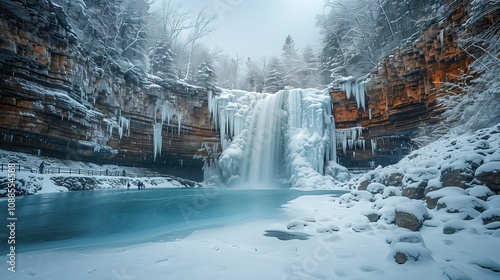 A beautiful frozen waterfall surrounded by snow-covered rocks and trees. The natural beauty of winter scenery. photo