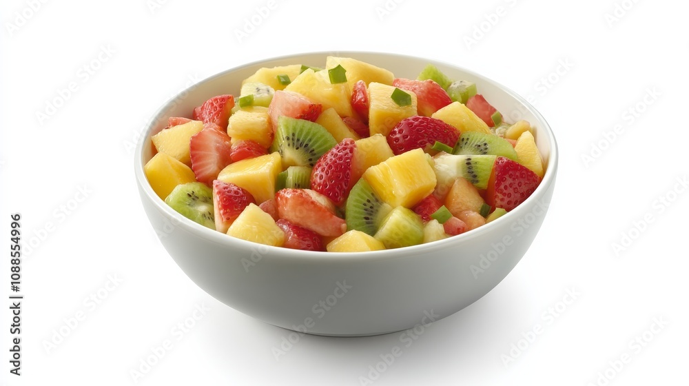 A refreshing bowl of fruit salsa with diced mango, pineapple, strawberries A refreshing bowl of fruit salsa with diced mango, pineapple, strawberries